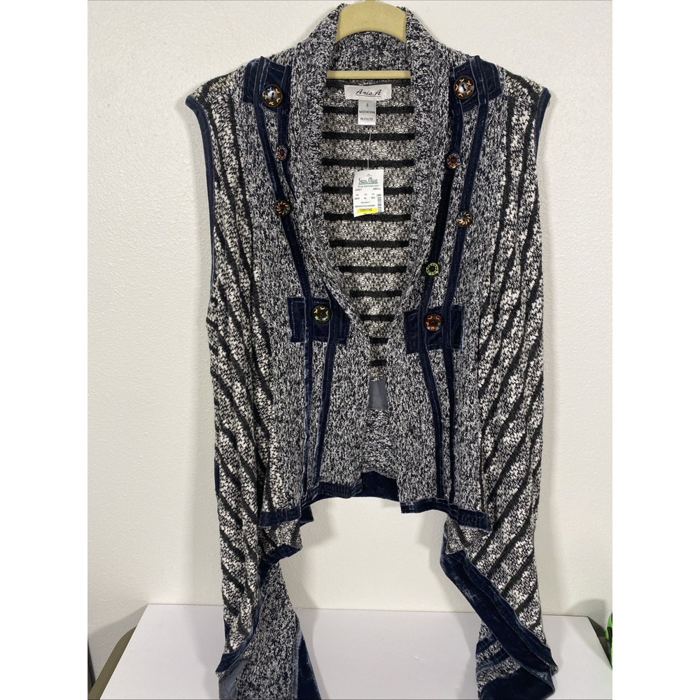 Anis A Open Front Sweater Vest Size Sm Black White Striped Knit Velvet Trim F1